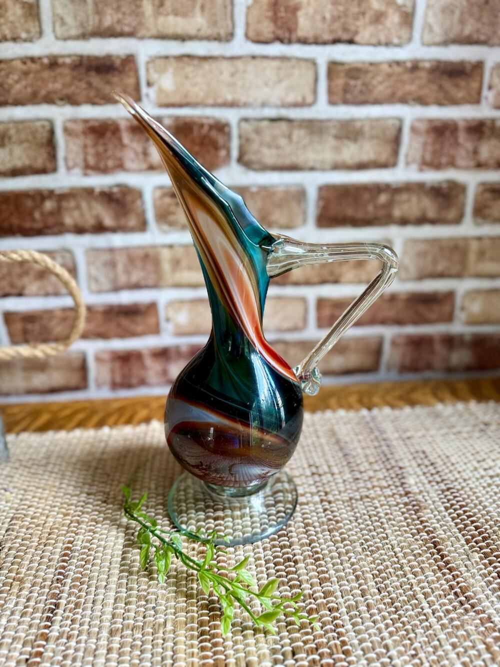 Vintage Mid Century Art Glass Pitcher Vase | Murano Style Glass